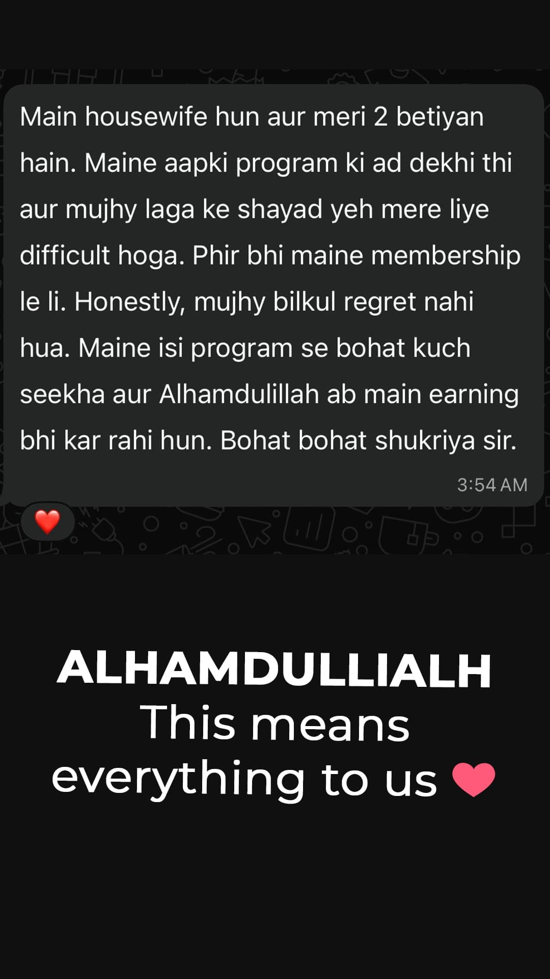 Student review 4: Direct WhatsApp client conversation screenshot